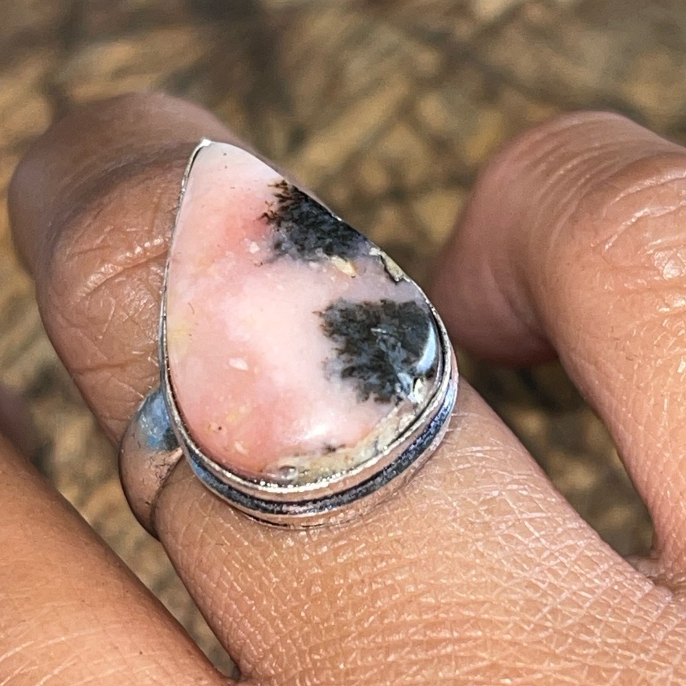 Pink Dendritic Peruvian Opal Ring Size 8